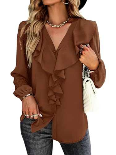 Women's V Neck Ruffle Front Button Down Long Sleeve Blouse Top Shirt