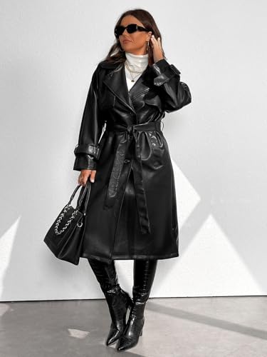 Women's Trench Coat Plus Size Faux Leather Long Classic Motorcycle Jacket Lapel Belted Overcoat