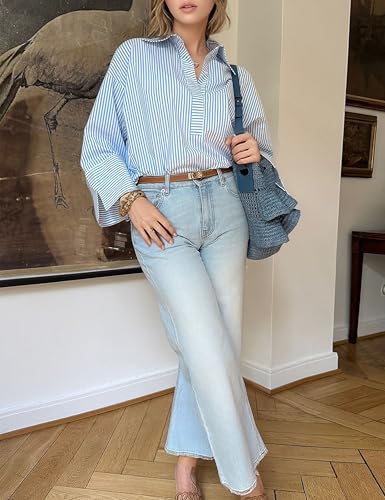 Women Button Down Shirt Casual Striped Print Dress Shirts Long Sleeve Collared Office Work Blouses Tops