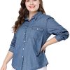 Women's Plus Size Button Down Long Sleeve Chest Pocket Chambray Shirts 2025