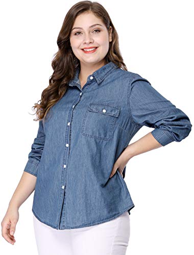 Women's Plus Size Button Down Long Sleeve Chest Pocket Chambray Shirts 2025