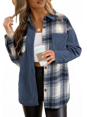 Women's Color Block Corduroy Shirts Long Sleeve Button Down Boyfriend Blouses Tops