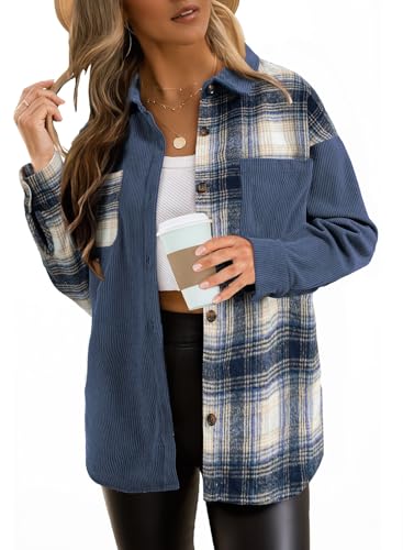 Women's Color Block Corduroy Shirts Long Sleeve Button Down Boyfriend Blouses Tops