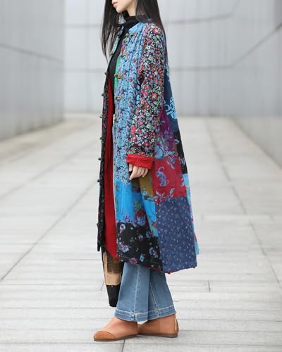 Women’s Flower Patchwork Coat Cotton Linen Trench Coat Women Jacket Vintage Boho Long Overcoat with Pockets