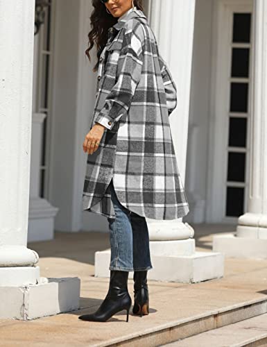 Women’s Long Plaid Shacket Wool Blend Button Down Shirt Jacket Coat with Pockets