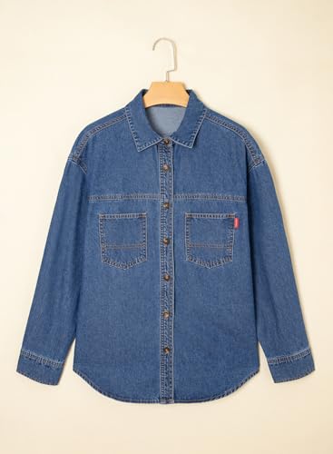 Women Denim Shirts Oversized Long Sleeve Button Down Blouse V Neck Casual Top Shackets