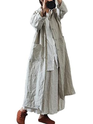 Women Vintage Cotton Linen Trench Coats Button Stand Solid Color Long Sleeve Pockets Long Jackets