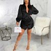 Women's Sexy Button Down Shirts Loose Collar Long Sleeve Ruched Silk Cloth Night Out Club Mini Wrap Dress Drawstring