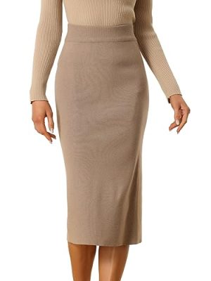 Women's Sweater Skirts Ribbed Knit Elastic High Waist Stretchy Slit Casual Office Pencil Midi Skirt