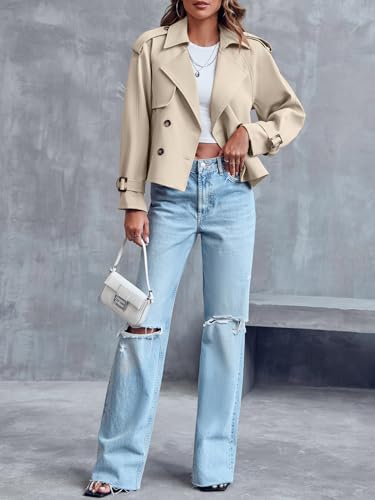Women Crop Double Breasted Trench Coat Raglan Sleeve Work Office Cropped Jacket With Pockets