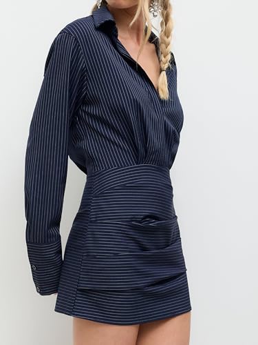 Shirt Dresses for Women Striped Collar Long Sleeve Button Down Cinched Waist Mini Dress Elegant Casual