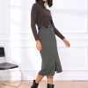 Midi Pencil Skirt for Women Fall Winter High Waisted Slit Office Work Skirts with Belt
