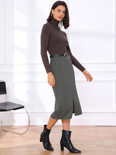 Midi Pencil Skirt for Women Fall Winter High Waisted Slit Office Work Skirts with Belt
