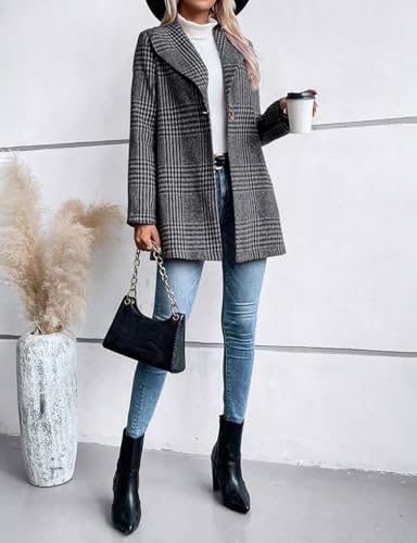 Long Wool Plaid Blazer for Women Fall Outfits Winter Trench Coat Long Sleeve Casual Dressy Lapel Jacket Peacoat