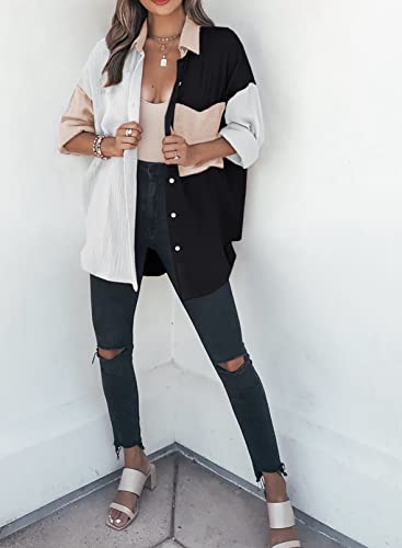 Womens Color Block Button Down Shirts Long Sleeve Oversized Boyfriend Blouses Tops
