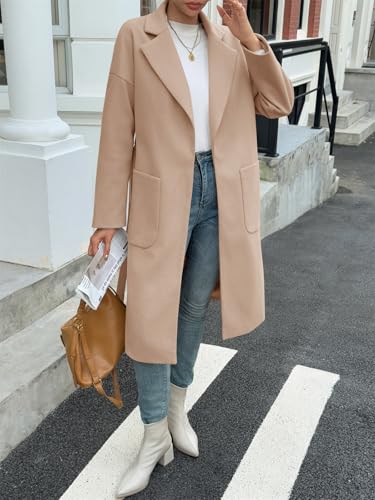 Womens Long Pea Coats Open Front Lapel Jackets Casual Belted Trench Coat Overcoats with Pockets