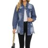 Womens Denim Ripped Distressed Button Down Mid Long Casual Jean Jackets