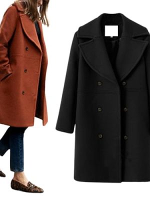Women's Wool Blend Double Breasted Pea Coat Notched Lapel Mid Long Trench Overcoat with Pockets