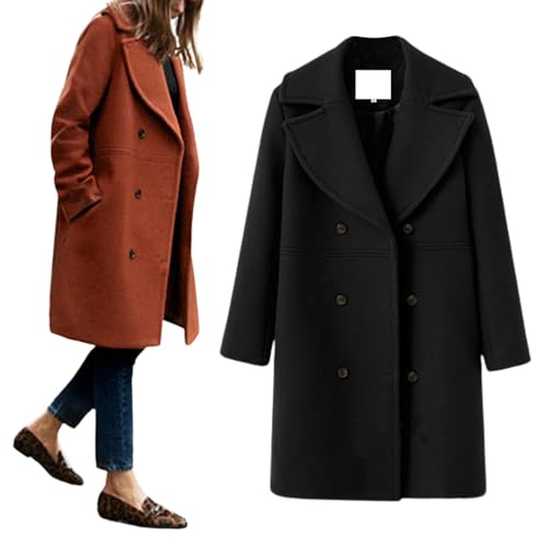 Women's Wool Blend Double Breasted Pea Coat Notched Lapel Mid Long Trench Overcoat with Pockets
