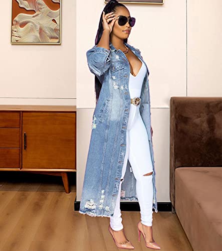 Women's Ripped Out Distressed Washed Long Blue Denim Jacket Trench Coat