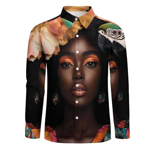 African USA Woman Mens Long Sleeve Shirt Casual Button Down Dress Shirts