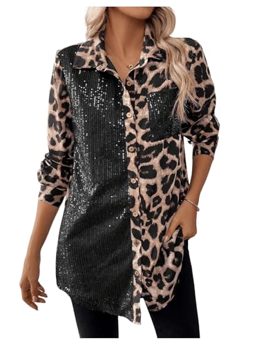 Women's Leopard Print Sequin Shirt Button Down Long Sleeve Collared Y2k Blouse Tops