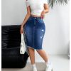 Women's Denim Pencil Skirt High Waisted Ripped Raw Hem Knee Length Stretch Bodycon Skirt