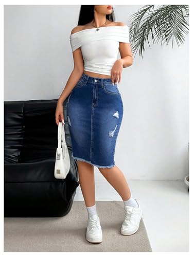 Women's Denim Pencil Skirt High Waisted Ripped Raw Hem Knee Length Stretch Bodycon Skirt