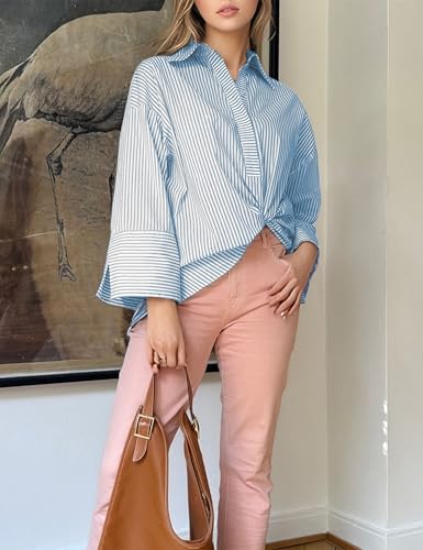 Women Button Down Shirt Casual Striped Print Dress Shirts Long Sleeve Collared Office Work Blouses Tops