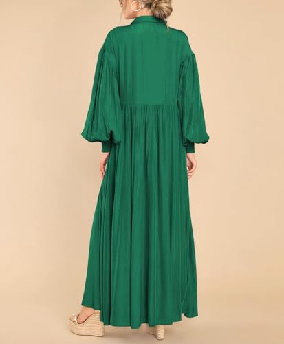 Women's Casual Long Sleeve Button Down Shirt Dress Elegant Pleated Flowy Swing Maxi Dress