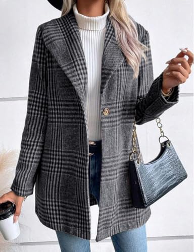 Long Wool Plaid Blazer for Women Fall Outfits Winter Trench Coat Long Sleeve Casual Dressy Lapel Jacket Peacoat