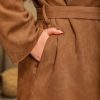 Women's Plus Size Hooded Trench Coat Faux Suede Long Wrap Coat Elegant Belted Fall Winter Outwear