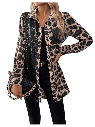 Women's Leopard Print Sequin Shirt Button Down Long Sleeve Collared Y2k Blouse Tops