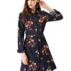 Women's Button Down Vintage Polka Dots Dresses Collar Tie Belted Floral Shirt Dress