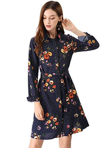 Women's Button Down Vintage Polka Dots Dresses Collar Tie Belted Floral Shirt Dress