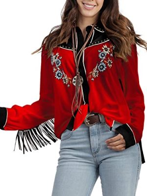 Women's Embroidered Western Long Sleeve Buttons Down Shirts Collared Retro Casual Blouses Shirts