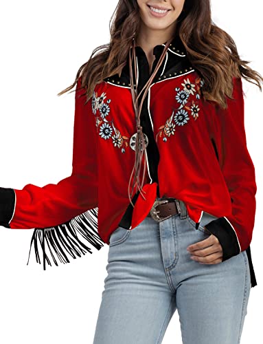 Women's Embroidered Western Long Sleeve Buttons Down Shirts Collared Retro Casual Blouses Shirts