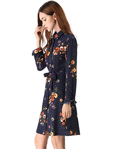 Women's Button Down Vintage Polka Dots Dresses Collar Tie Belted Floral Shirt Dress