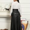 Womens High Waisted Sexy Pu Leather Vintage High Split A-Line Swing Long Skirt with Pockets