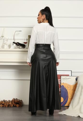 Womens High Waisted Sexy Pu Leather Vintage High Split A-Line Swing Long Skirt with Pockets