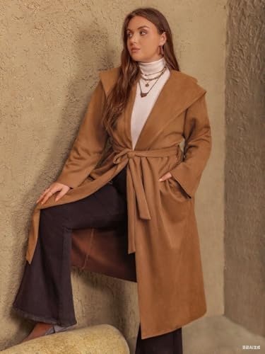 Women's Plus Size Hooded Trench Coat Faux Suede Long Wrap Coat Elegant Belted Fall Winter Outwear