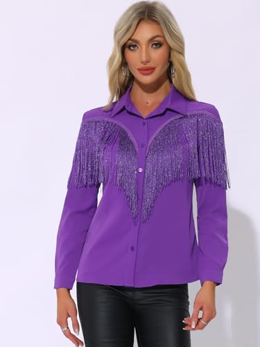 Women's Western Fringe Blouse Long Sleeve Button Down Disco Cowgirl Shirts