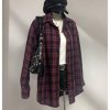 Women's Vintage Button Down Long Sleeve Flannel Plaid Collared Shirt Shacket Blouse