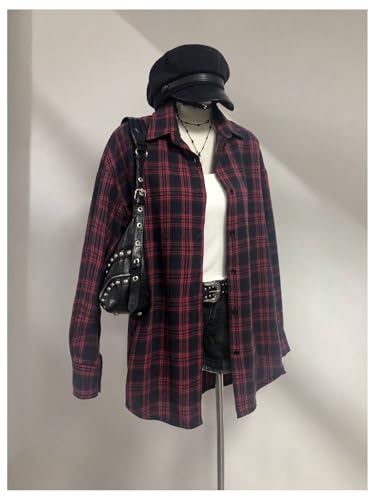 Women's Vintage Button Down Long Sleeve Flannel Plaid Collared Shirt Shacket Blouse