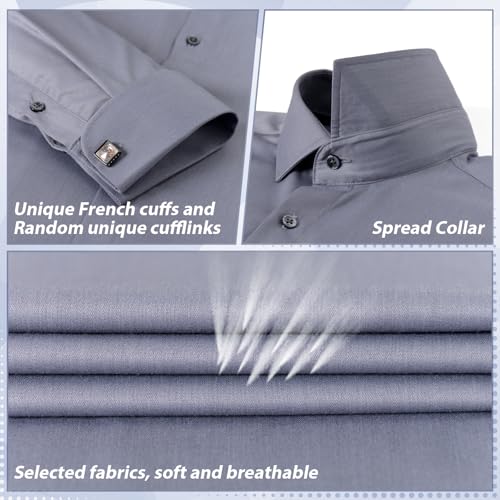 Men's Dress Shirt French Cuff Shirt for Men Slim Fit Stretch Spread Collar with Metal Cufflink