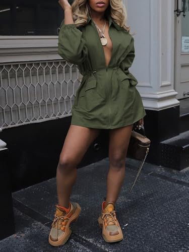 Casual Safari Dress for Women Long Sleeve Zipper Drawstring Cargo Dresses