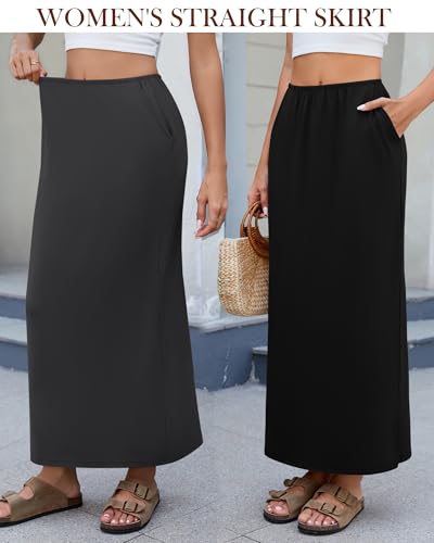 3 Pack Long Maxi Skirts for Women, Back Slit Ankle Length Casual Skirts Elastic Waist Soft Pencil Skirts with Pockets