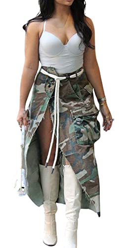 Women Camouflage Skirt Camo Maxi Pencil Skirt Bodycon Button Slit Cargo Skirt with Pocket