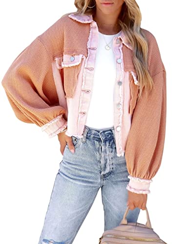Women's Cropped Waffle Knit Jacket Boyfriend Button Down Shirt Shacket Tops