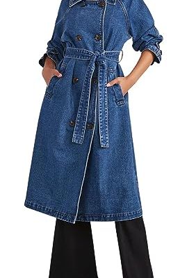Women's Casual Double Breasted Long Denim Trench Coat Jean Jacket Trenchcoat with Belt Duster Coat